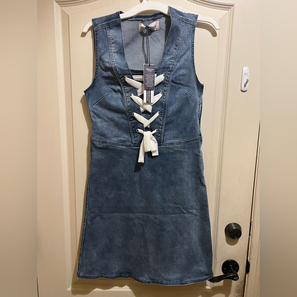 New Lola Jeans 4Way stretch Denim Dress elegant white bow wear w/white Addidas